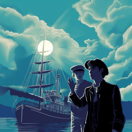 Smoke and mirrors, pirate ship, warm sunny climate, Francesco Francavilla, Patrick Nagel, digital vector art, nautical, light blue, light green, grey, whimsical --style 7wMJqbaJqwE6Wv