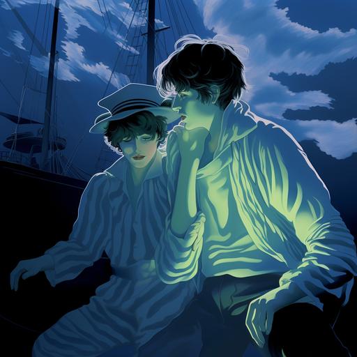 Smoke and mirrors, pirate ship, warm sunny climate, Francesco Francavilla, Patrick Nagel, digital vector art, nautical, light blue, light green, grey, whimsical --style 7wMJqbaJqwE6Wv