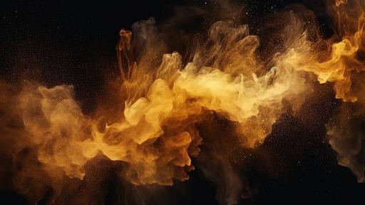 Smoke veil. Paint water. Night haze. Brown color glitter dust particles mist floating on dark black abstract art background with copy space, 4k --ar 1920:1080