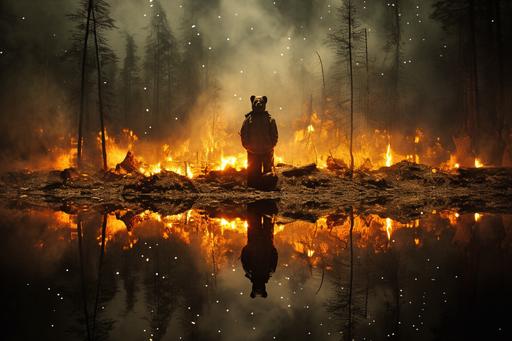 Smokey the bear starts a forest fire with matches. Digitally manipulated photograph Photoshop huge. Smoke and mirrors. --ar 3:2
