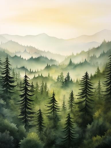 Smoky mountains, mountain valley, foggy forest landscape, sunset, misty pine trees, watercolor painting, 300 dpi, «4k», --ar 3:4