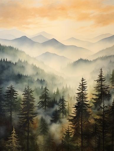 Smoky mountains, mountain valley, foggy forest landscape, sunset, misty pine trees, watercolor painting, 300 dpi, «4k», --ar 3:4