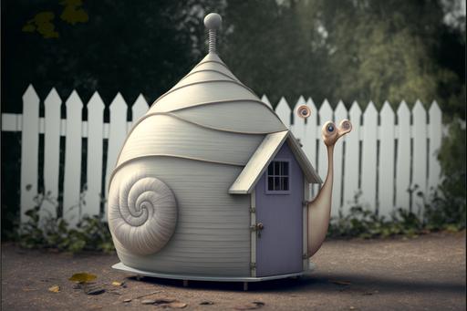 Snail in shell house style with antenna, garage white wooden fence --ar 3:2