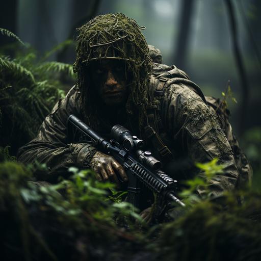Sniper, Ghillie, Forest, camouflaged, Green, Plants, ghillie suit, sniper rifle, Alone, war, dramatic, cold war, futuristic, 4k, high quality, future --s 750