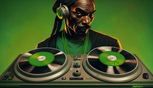 Snoop Dogg as DJ behind a green record player --ar 16:9