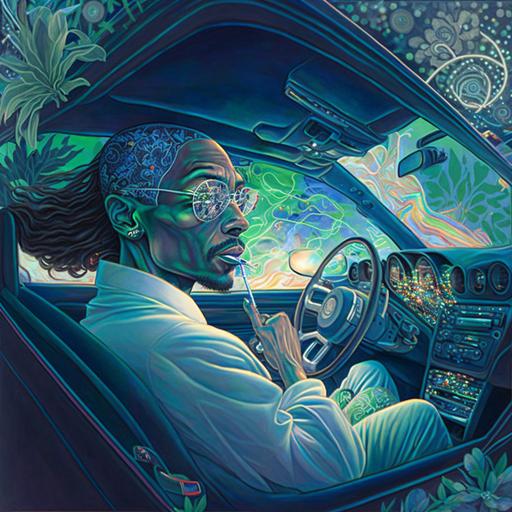 Snoop Dogg smoking and driving a 1964 chevy impala lowrider, smoke, cannabis leafs, by Miho Hirano and Mike Mignola and james jean, surreal , beautiful , intricate, insane detail, , up light , inner glow , strobe light, double exposure hyperdetailed complex --c 33 --v 4 --no Depth Of Field --q 2