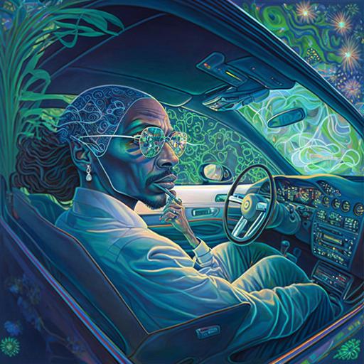 Snoop Dogg smoking and driving a 1964 chevy impala lowrider, smoke, cannabis leafs, by Miho Hirano and Mike Mignola and james jean, surreal , beautiful , intricate, insane detail, , up light , inner glow , strobe light, double exposure hyperdetailed complex --c 33 --v 4 --no Depth Of Field --q 2