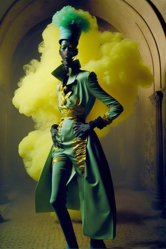 Snoop Dogg wearing gold communist era gas mask bong, smoking gold gas mask bong, liquid and smoke filled neon tube, gold chillum, cannabis leaves suit, dynamic energetic pose, wearing a tight leather cannabis suit in purple-green, Cherenkov iris, black marbled background, dramatic, intense, fashion Photoshoot, fashion photograph by Tim Walker and Helmut Newton, juxtaposition of futuristic design and colourful aesthetic, sharp focus, high key lighting, iconic, by james jean and H. R. Giger:: photograph by Tim Walker and Helmut Newton --ar 2:3 --q 2 --v 4