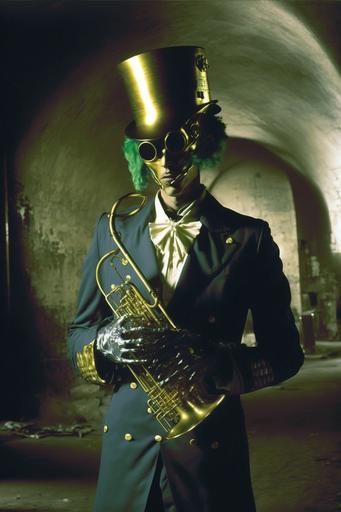 Snoop Dogg wearing gold communist era gas mask bong, smoking gold gas mask bong, liquid and smoke filled neon tube, gold chillum, cannabis leaves suit, dynamic energetic pose, wearing a tight leather cannabis suit in purple-green, Cherenkov iris, black marbled background, dramatic, intense, fashion Photoshoot, fashion photograph by Tim Walker and Helmut Newton, juxtaposition of futuristic design and colourful aesthetic, sharp focus, high key lighting, iconic, by james jean and H. R. Giger:: photograph by Tim Walker and Helmut Newton --ar 2:3 --c 25 --q 2 --v 4