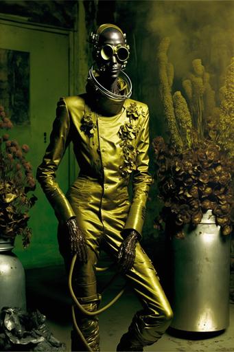 Snoop Dogg wearing gold communist era gas mask bong, smoking gold gas mask bong, liquid and smoke filled neon tube, gold chillum, cannabis leaves suit, dynamic energetic pose, wearing a tight leather cannabis suit in purple-green, Cherenkov iris, black marbled background, dramatic, intense, fashion Photoshoot, fashion photograph by Tim Walker and Helmut Newton, juxtaposition of futuristic design and colourful aesthetic, sharp focus, high key lighting, iconic, by james jean and H. R. Giger:: photograph by Tim Walker and Helmut Newton --ar 2:3 --q 2 --v 4