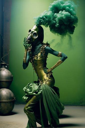 Snoop Dogg wearing gold communist era gas mask bong, smoking gold gas mask bong, liquid and smoke filled neon tube, gold chillum, cannabis leaves suit, dynamic energetic pose, wearing a tight leather cannabis suit in purple-green, Cherenkov iris, black marbled background, dramatic, intense, fashion Photoshoot, fashion photograph by Tim Walker and Helmut Newton, juxtaposition of futuristic design and colourful aesthetic, sharp focus, high key lighting, iconic, by james jean and H. R. Giger:: photograph by Tim Walker and Helmut Newton --ar 2:3 --c 25 --q 2 --v 4