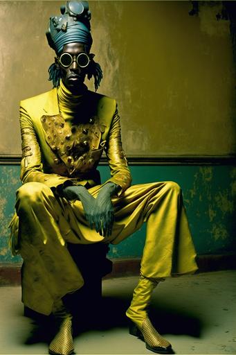 Snoop Dogg wearing gold communist era gas mask bong, smoking gold gas mask bong, liquid and smoke filled neon tube, gold chillum, cannabis leaves suit, dynamic energetic pose, wearing a tight leather cannabis suit in purple-green, Cherenkov iris, black marbled background, dramatic, intense, fashion Photoshoot, fashion photograph by Tim Walker and Helmut Newton, juxtaposition of futuristic design and colourful aesthetic, sharp focus, high key lighting, iconic, by james jean and H. R. Giger:: photograph by Tim Walker and Helmut Newton --ar 2:3 --q 2 --v 4