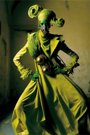 Snoop Dogg wearing gold communist era gas mask bong, smoking gold gas mask bong, liquid and smoke filled neon tube, gold chillum, cannabis leaves suit, dynamic energetic pose, wearing a tight leather cannabis suit in purple-green, Cherenkov iris, black marbled background, dramatic, intense, fashion Photoshoot, fashion photograph by Tim Walker and Helmut Newton, juxtaposition of futuristic design and colourful aesthetic, sharp focus, high key lighting, iconic, by james jean and H. R. Giger:: photograph by Tim Walker and Helmut Newton --ar 2:3 --q 2 --v 4