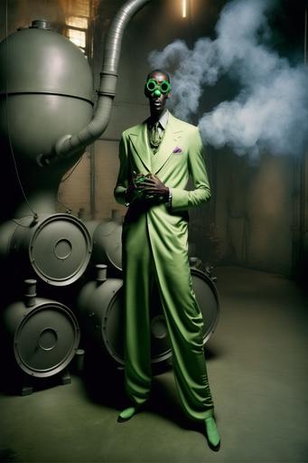 Snoop Dogg wearing gold communist era gas mask bong, smoking gold gas mask bong, liquid and smoke filled neon tube, gold chillum, cannabis leaves suit, dynamic energetic pose, wearing a tight leather cannabis suit in purple-green, Cherenkov iris, black marbled background, dramatic, intense, fashion Photoshoot, fashion photograph by Tim Walker and Helmut Newton, juxtaposition of futuristic design and colourful aesthetic, sharp focus, high key lighting, iconic, by james jean and H. R. Giger:: photograph by Tim Walker and Helmut Newton --ar 2:3 --c 25 --q 2 --v 4