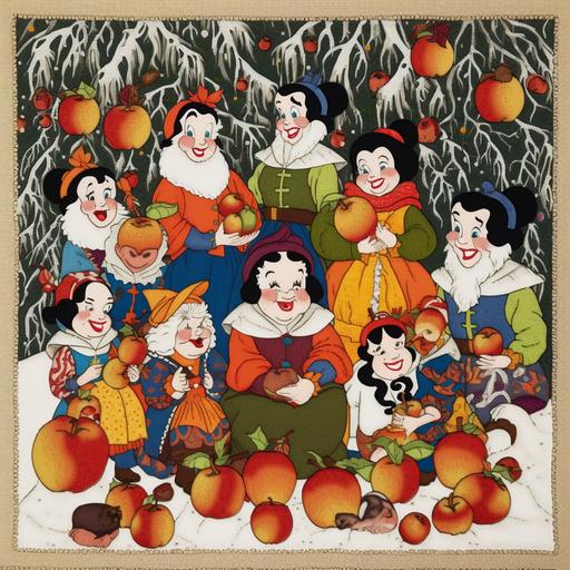 Snow White and the Seven Dwarfs in a festive setting, each wearing uniquely themed ugly sweaters. Snow White's sweater is adorned with red apples and sparkling gems, while each dwarf's sweater reflects their personality - from Sleepy's with moons and stars to Grumpy's with frowning faces. They're gathered around a holiday feast, their sweaters adding a humorous touch to the classic fairytale scene. --v 5.0