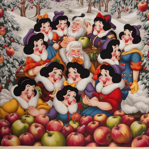 Snow White and the Seven Dwarfs in a festive setting, each wearing uniquely themed ugly sweaters. Snow White's sweater is adorned with red apples and sparkling gems, while each dwarf's sweater reflects their personality - from Sleepy's with moons and stars to Grumpy's with frowning faces. They're gathered around a holiday feast, their sweaters adding a humorous touch to the classic fairytale scene. --v 5.0