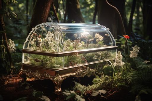 Snow White's alembic glass coffin in the Enchanted Forest, fairytale aesthetic, sparklecore, luminous reflections, exquisite craftsmanship, flowers, bloomcore, --ar 3:2