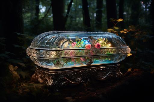 Snow White's alembic glass coffin in the Enchanted Forest, fairytale aesthetic, sparklecore, luminous reflections, exquisite craftsmanship, flowers, bloomcore, --ar 3:2