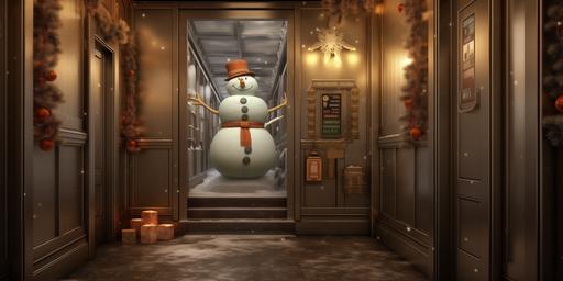 Snowman inside Elevator, Christmas market, winter wonderland. HDR, realistic --ar 2:1
