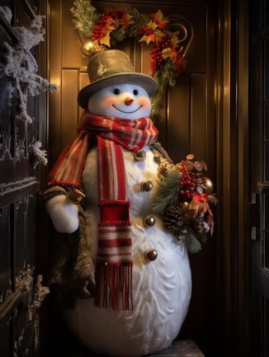 Snowman inside Elevator, Christmas market, winter wonderland. HDR, ultra realistic --ar 3:4