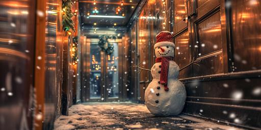 Snowman inside Elevator, Christmas market, winter wonderland. HDR, realistic --ar 2:1 --v 6.0