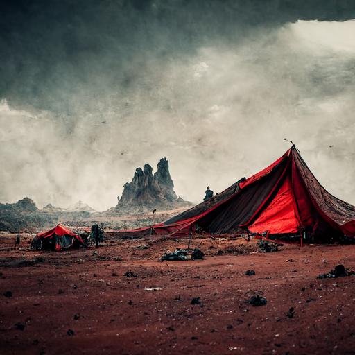 alien landscape shot, tents in the distance, epic, dramatic, cinematic, nomad outpost, nomad camp with flags, rock formations, desert, deep crevice, red, white, black, camp