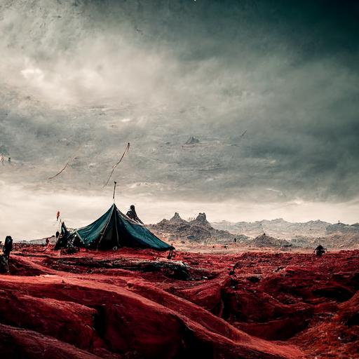 alien landscape shot, tents in the distance, epic, dramatic, cinematic, nomad outpost, nomad camp with flags, rock formations, desert, deep crevice, red, white, black, camp