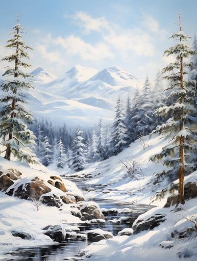 Snowy mountains, mountain valley, snowy forest landscape, snowy pine trees, oil painting, 300 dpi, «4k», --ar 3:4