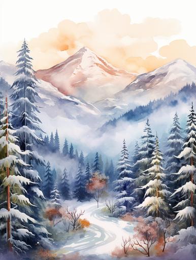 Snowy mountains, mountain valley, snowy forest landscape, snowy pine trees, watercolor painting, 300 dpi, «4k», --ar 3:4