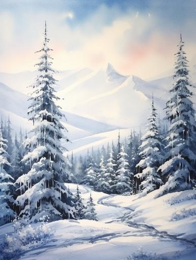 Snowy mountains, mountain valley, snowy forest landscape, snowy pine trees, watercolor painting, 300 dpi, «4k», --ar 3:4