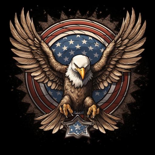Soaring Eagle tattoo design, wings spread, American flag background, no blur and clear image, high quality, 8K --v 5.1 --style raw