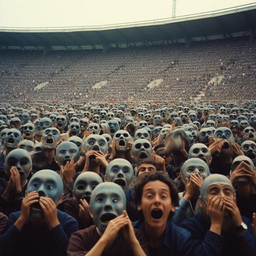 Soccer stadium audience with giant eyes. They all have their fists in their mouth. 1980 analog picture