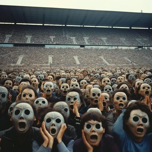 Soccer stadium audience with giant eyes. They all have their fists in their mouth. 1980 analog picture