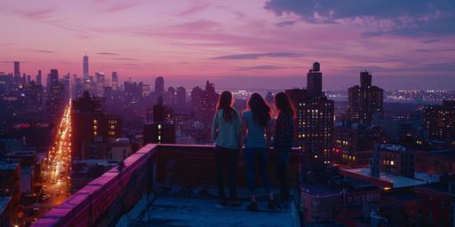 Sofia Coppola directs a poignant scene on a city rooftop where the essence of youth is captured against a backdrop that merges synthwave ambrotype aesthetics. Friends share a moment, illuminated by neon and streetlights, against the cityscape's dusky ambiance, reminiscent of an ambrotype's depth. The scene's emotional resonance is heightened by the contrast of vibrant neon and the monochromatic ambrotype aesthetic, crafting a visual poem of introspection. Coppola's storytelling weaves the vibrancy of synthwave with the nostalgic simplicity of ambrotype, capturing a moment that transcends time, embodying the nostalgic essence of synthwave and the haunting beauty of ambrotypes. --ar 2:1 --style raw --s 50