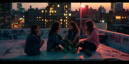 Sofia Coppola directs a poignant scene on a city rooftop where the essence of youth is captured against a backdrop that merges synthwave ambrotype aesthetics. Friends share a moment, illuminated by neon and streetlights, against the cityscape's dusky ambiance, reminiscent of an ambrotype's depth. The scene's emotional resonance is heightened by the contrast of vibrant neon and the monochromatic ambrotype aesthetic, crafting a visual poem of introspection. Coppola's storytelling weaves the vibrancy of synthwave with the nostalgic simplicity of ambrotype, capturing a moment that transcends time, embodying the nostalgic essence of synthwave and the haunting beauty of ambrotypes. --ar 2:1 --style raw --s 50