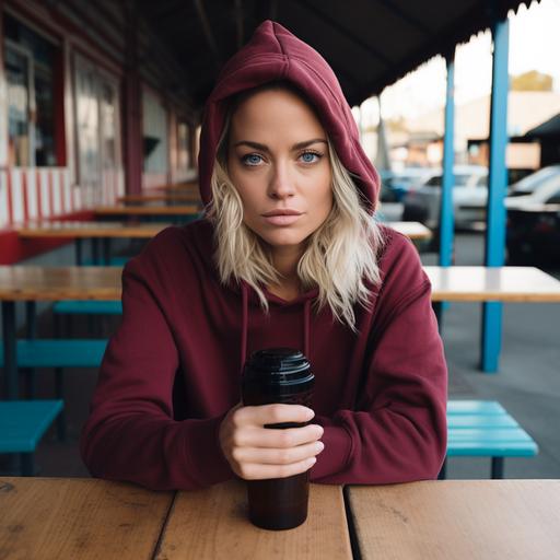 angry 38 year old blonde woman staring at the viewer, wearing a burgundy hoodie, holding a large black water bottle, sitting in a brightly lit outdoor restaurant