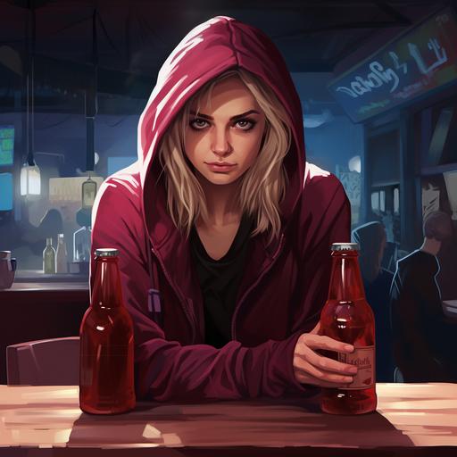 exaggerated caricature, angry blonde woman staring, wearing a burgundy hoodie, holding a large black water bottle, sitting in a brightly lit outdoor restaurant