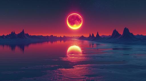 Solar Eclipse in Texas desert, lake, moon ove the sun, moon phases, vector art, detailed --ar 16:9 --s 750 --v 6.0