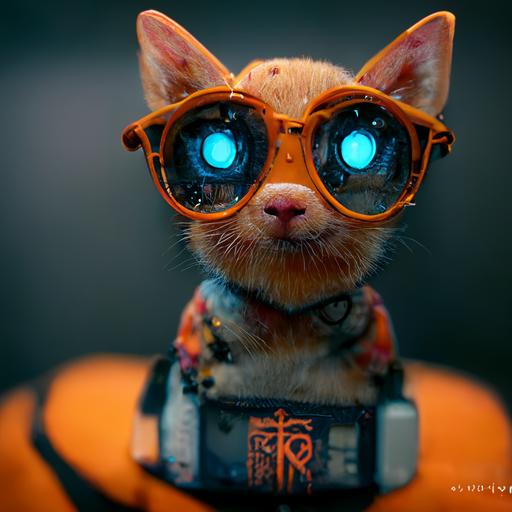 a cute orange American Shorthair cat wearing a smart glasses，cyberpunk，8k，unreal engine，octane render，realistic，intricate details
