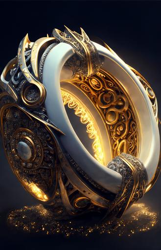Solomon ring as a war relic, white and gold, cinematic glowing, abstract background, Fantasy Art Style --ar 2:3