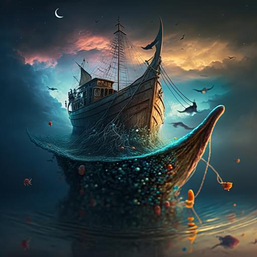 large surreal magical colourful fishing boat with nets flying in the sky :: dark and bright, ultra realistic photo in uhd, 8k --v 4