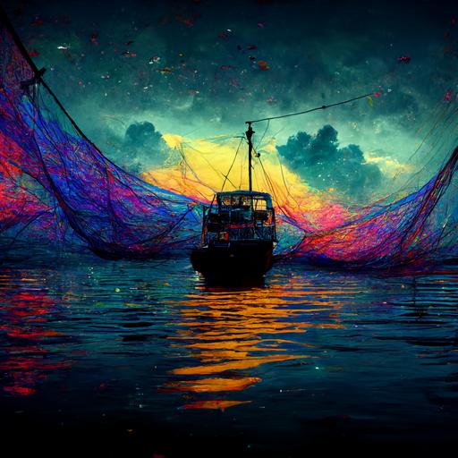 large surreal magical colourful fishing boat with nets flying in the sky, dark and bright, ultra realistic , 8k