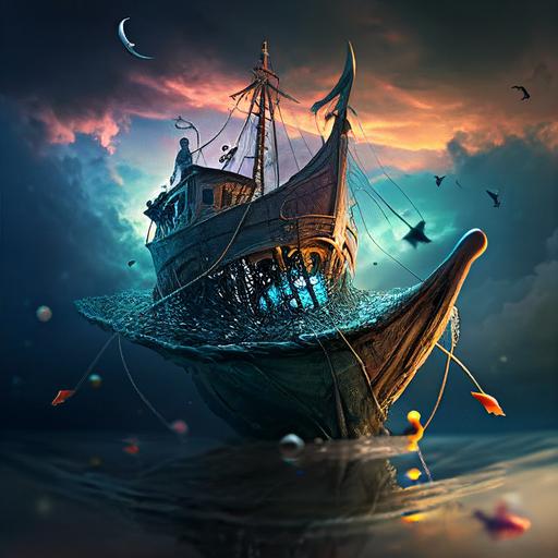 large surreal magical colourful fishing boat with nets flying in the sky :: dark and bright, ultra realistic photo in uhd, 8k --v 4