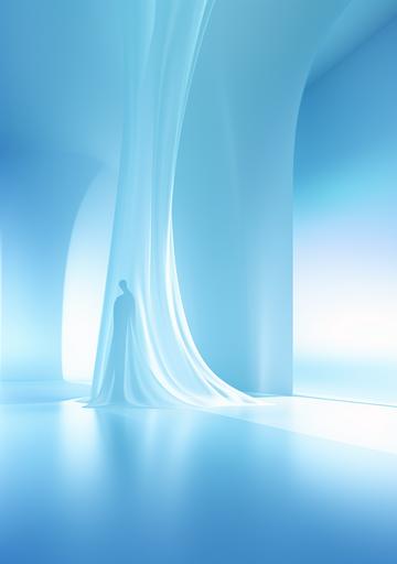 Something standing behind an translucent wall, abstact image of upcoming future in the stlye of minimalism, blue tone with warth light, art exhibition poster, surrealism , bright pastels and soft blue, gradation effect, professional, stylish, 4K, --ar 210:297