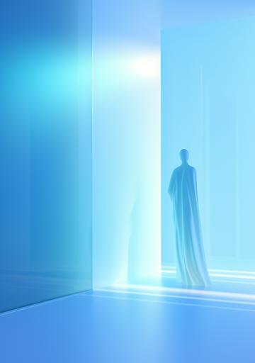 Something standing behind an translucent wall, abstact image of upcoming future in the stlye of minimalism, blue tone with warth light, art exhibition poster, surrealism , bright pastels and soft blue, gradation effect, professional, stylish, 4K, --ar 210:297