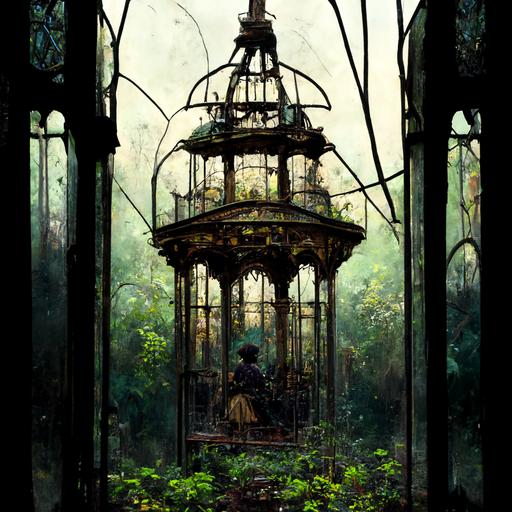 Wind up woman with a key in her back, cumpled on her knees and slouched with her head down, abandoned in the interior of a ruined gothic stained glass gazebo, shards of glass and intruding flora starting to grow over everything, wideshot steampunk aesthetic.