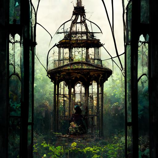 Wind up woman with a key in her back, cumpled on her knees and slouched with her head down, abandoned in the interior of a ruined gothic stained glass gazebo, shards of glass and intruding flora starting to grow over everything, wideshot steampunk aesthetic. --uplight