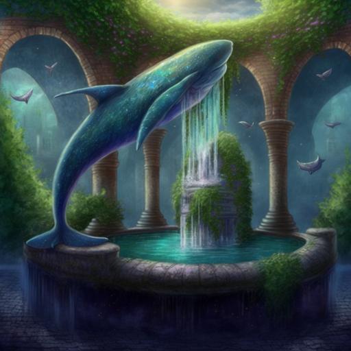 beautiful clear and sparkling water garden, whale spout water-fountain, cobalt and mossy stone-bricks, arabesque carving, seapunk, oceancore --v 4