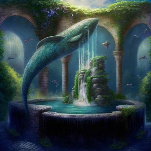 beautiful clear and sparkling water garden, whale spout water-fountain, cobalt and mossy stone-bricks, arabesque carving, seapunk, oceancore --v 4