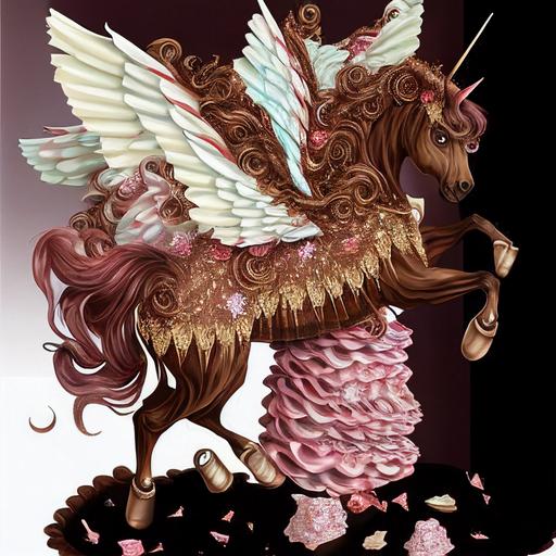 elaborate graceful chocolate ice cream pegasus, cherry-and-whipped-cream-wings beautiful silk crepe and glittering sequins, layered, ruffled skirt barding, fairytale hyperdetailed --q 2 --v 4